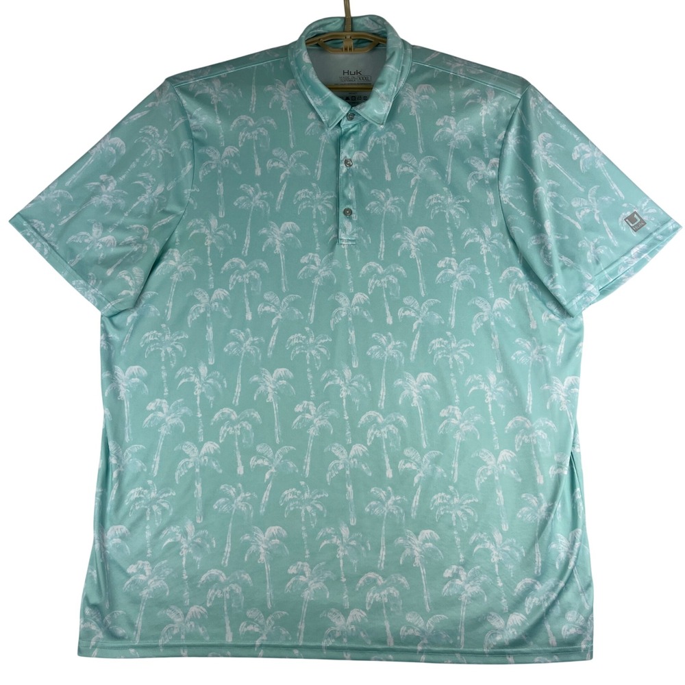 Huk Polo Shirt Mens XXXL Aqua Blue Palm Tree Print Performance Fishing Short Slv